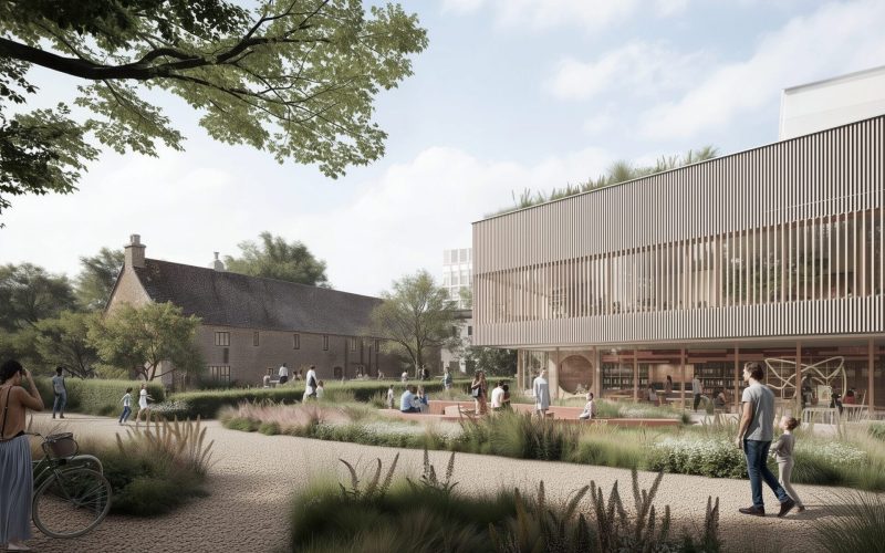 CGI of a low rise modern building with a traditional old farmhouse in the distance and public realm featuring planting in the foreground
