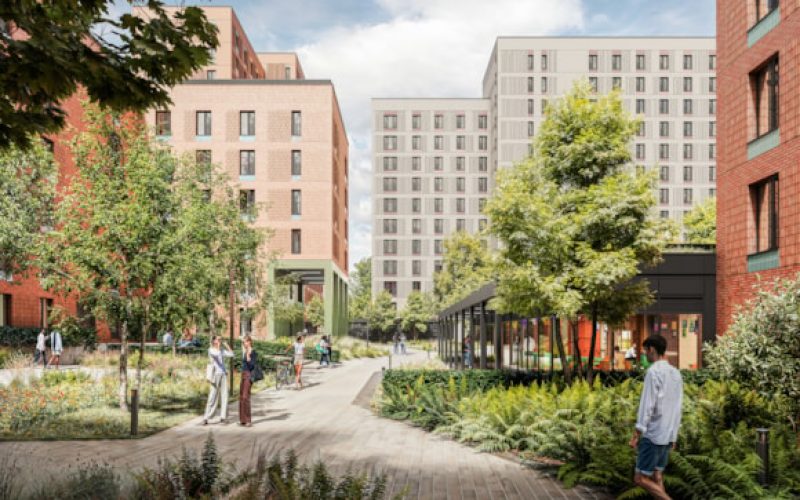 CGI of a series of buildings with green space and planting