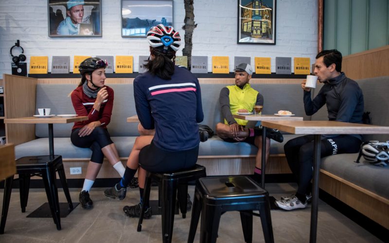 Sponsored riders relax over coffee and go on a group ride at the Rapha Clubhouse in Chicago, IL., on Friday, November 4, 2016. Photographer: Christopher Dilts /