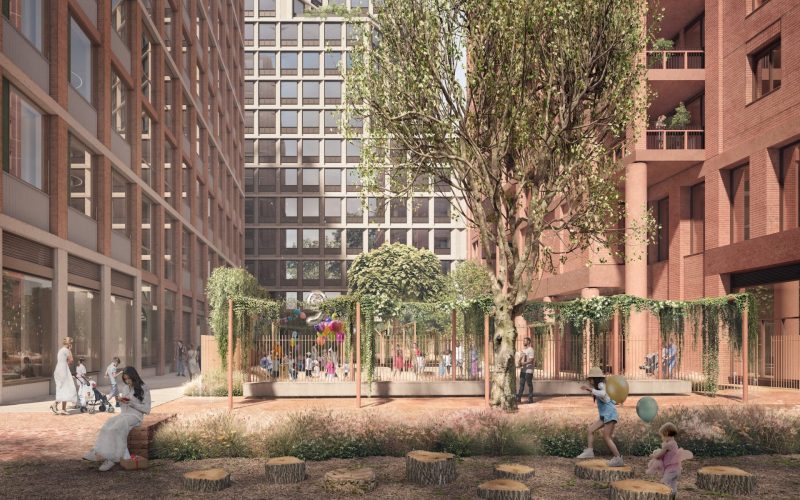 CGI image of tall buildings with a planted courtyard area in the middle