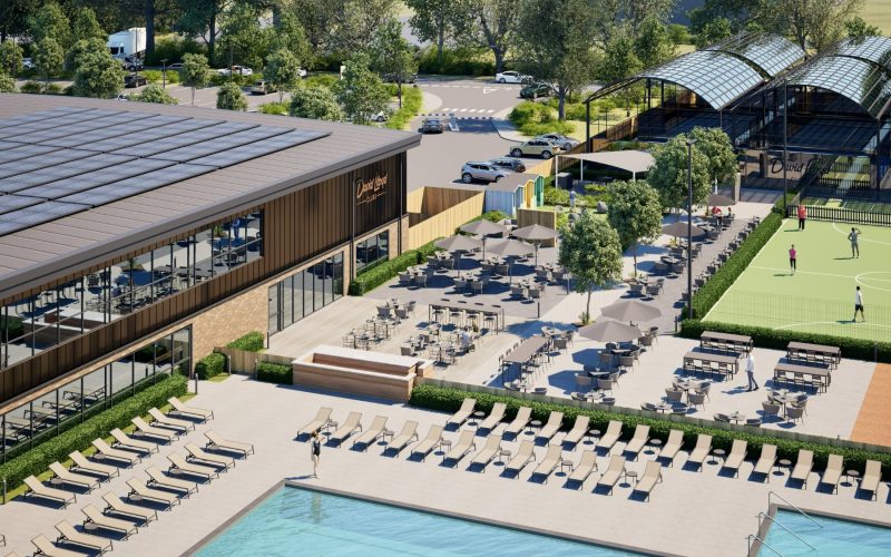 CGI image of a David Lloyd health club featuring a swimming pool and padel courts