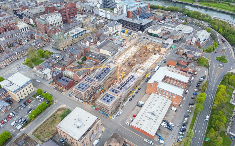 Aerial view of the Sunniside area with a construction site in the middle of lots of houses