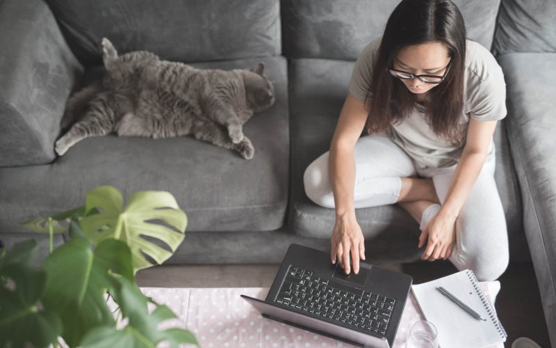 Asian,Woman,Wearing,Glasses,Sitting,On,A,Sofa,And,Typing