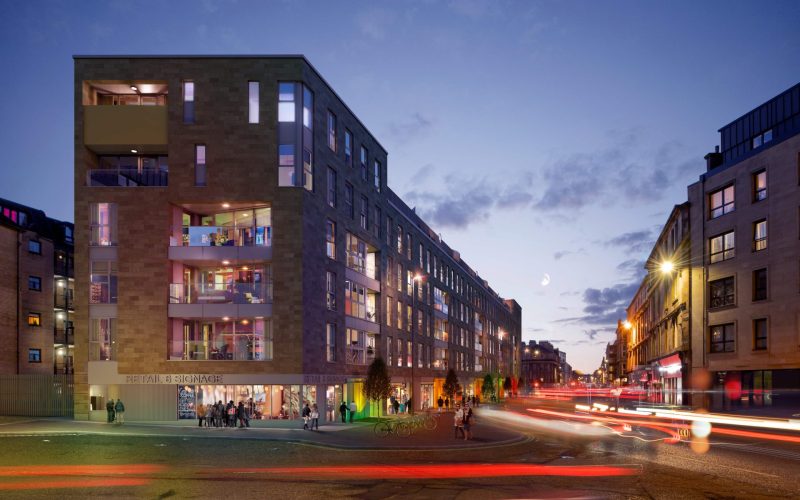 CGI image of a series of buildings at dusk with car light trails on the road in front