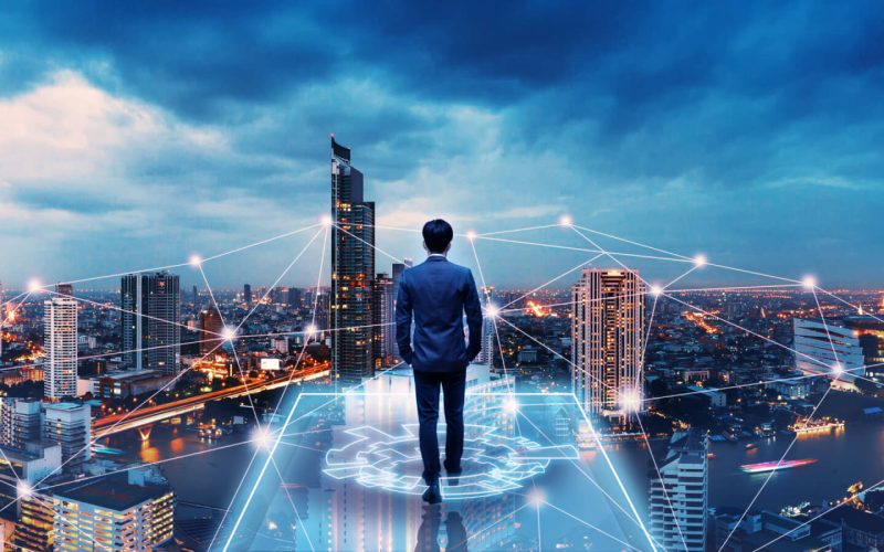 Business,Technology,Concept,,Professional,Business,Man,Walking,On,Future,Network