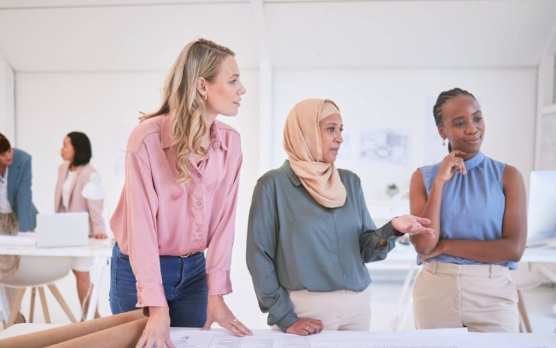 Architect,,Building,Blueprint,Or,Diversity,Women,With,Planning,,Collaboration,Or