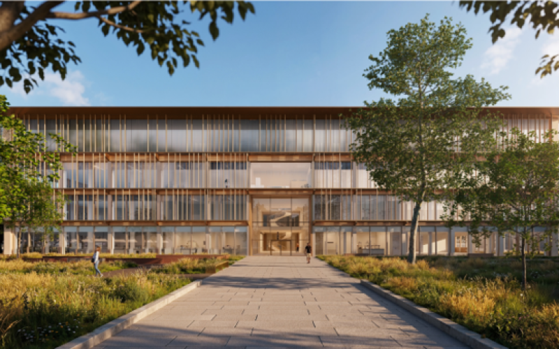 Modern multi-storey commercial building beyond a landscaped walkway
