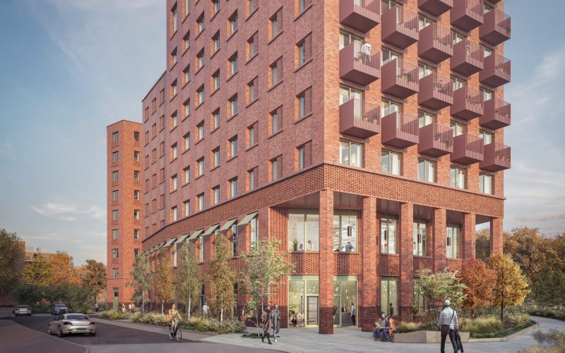 Artist’s impression of a red-brick residential tower with balconies and landscaped public space