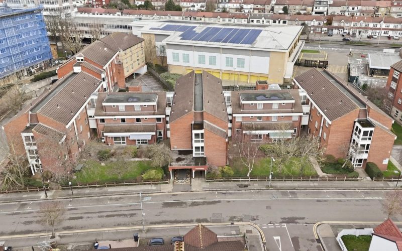 Aerial view of Vi & John Rubens House care home in Gants Hill, Ilford, surrounded by roads and buildings
