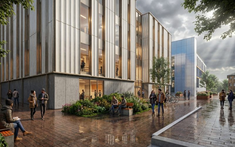 Architectural rendering of people gathering in a landscaped courtyard between modern office buildings