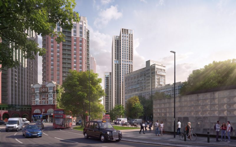 Rendering of the proposed 101 Newington Causeway development, with high-rises, cars and pedestrians.