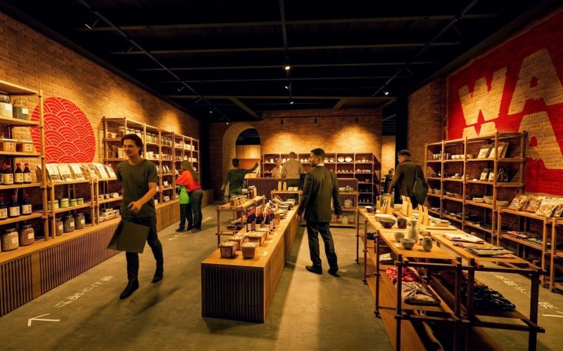 A rendering of a Japanese market interior, with display shelves, counters and visitors browsing.