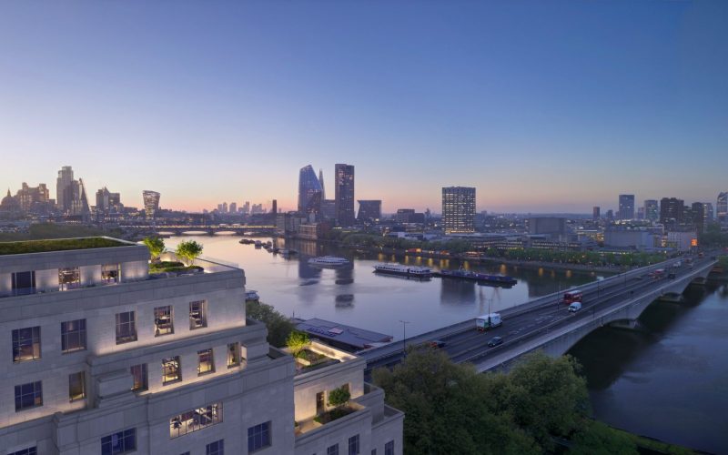 Brettenham House in the foreground, with the London skyline and River Thames behind it.