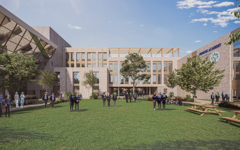 Architectural rendering of Phoenix Academy’s proposed modern school buildings, with people in the landscaped courtyard.