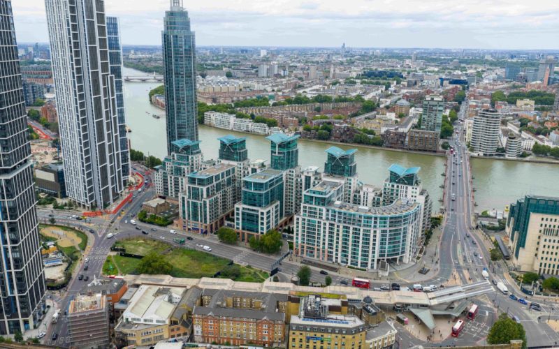 Aerial view of Vauxhall, London, with the Thames, Vauxhall Station and surrounding office and residential buildings.