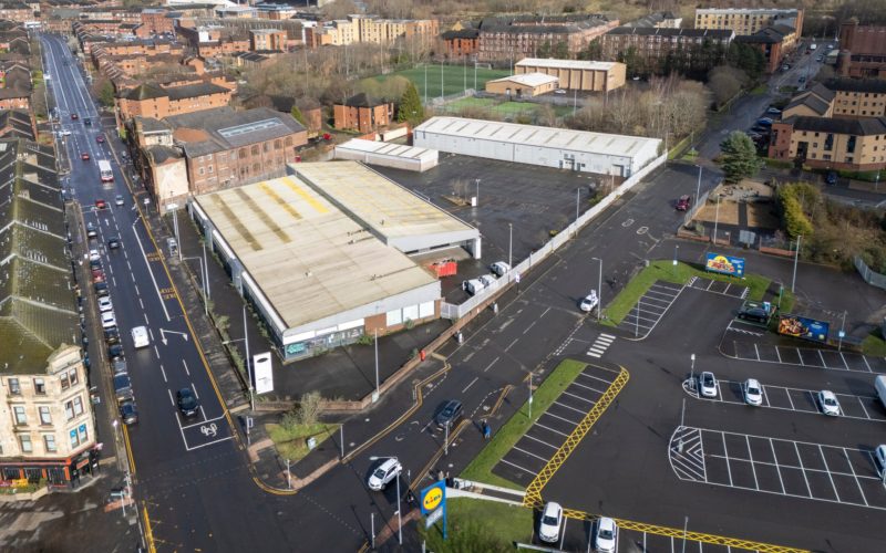 Aerial view of the former JLR/Lookers showroom and workshop site on Maryhill Road, Glasgow