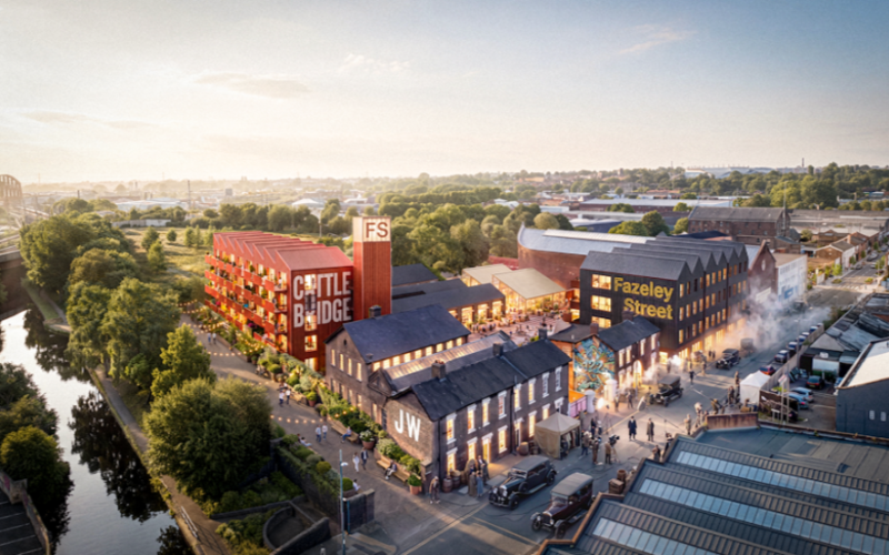 Aerial rendering of proposed mixed-use buildings and streets at Fazeley Street in Digbeth.