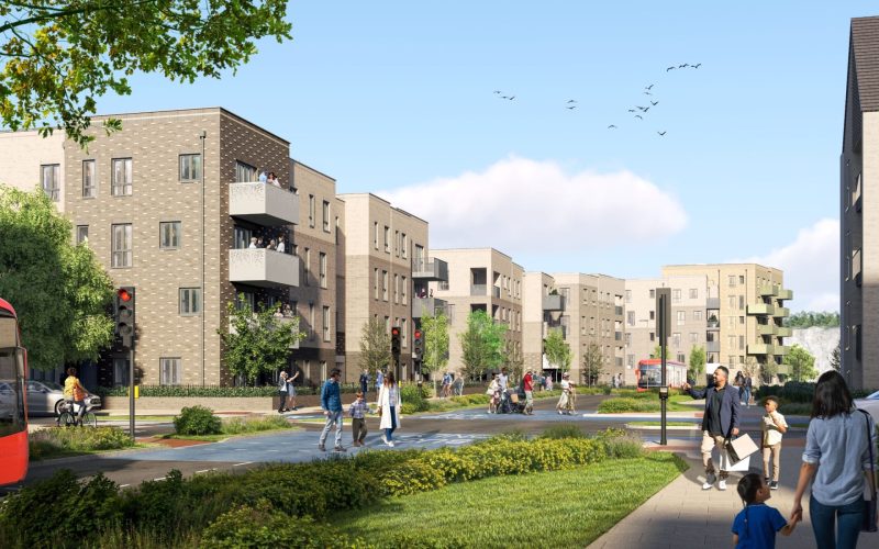 Artist’s rendering of Ashmere development, showing apartment blocks, pedestrians, landscaped paths and a bus.