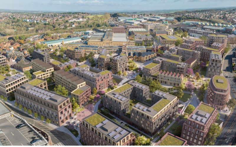 Aerial rendering of a proposed mixed-use neighbourhood with homes, offices and green spaces beside Worcester railway lines.