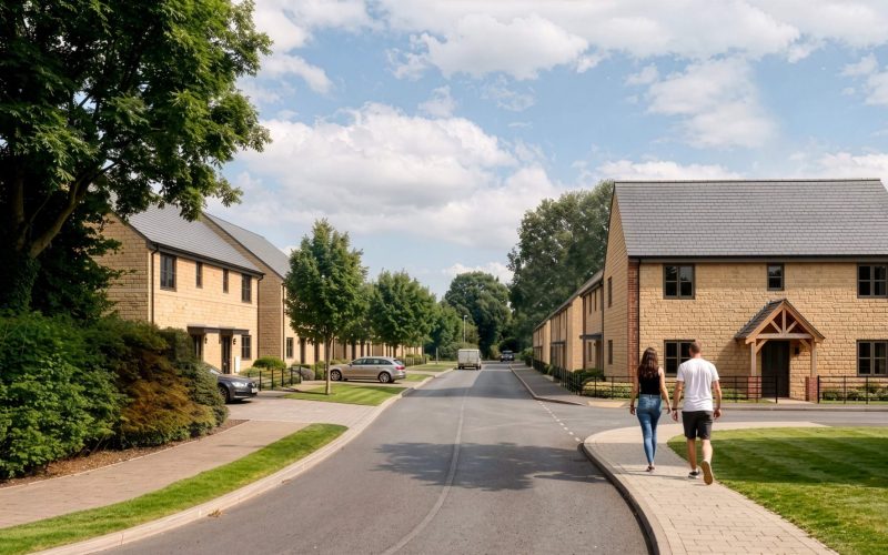 Illustration of a new housing development, with two people walking along a pavement between modern homes.