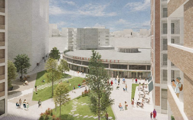 Architectural rendering of Coventry market’s refurbished façade, with a curved canopy, surrounding buildings and pedestrians.