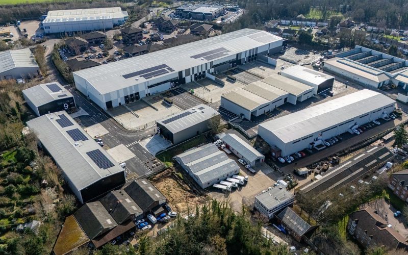 Aerial view of Hertford Logistics Hub, with rows of modern industrial and logistics units.