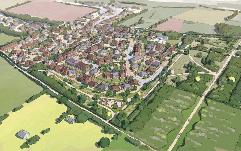 Illustrated masterplan showing a new housing development surrounded by farmland and green space