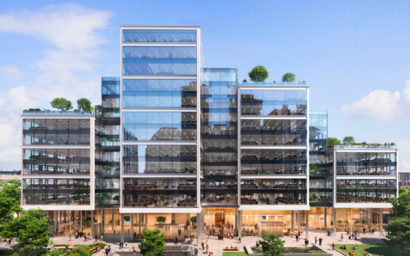 Architectural rendering of One Spitalfields, a modern glass office development with landscaped public space in front.