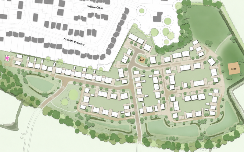 Plan of the proposed 135-home site in Newbold Verdon, showing homes, roads and surrounding green space.