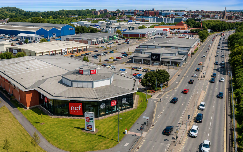 Aerial view of Octagon Retail Park in Stoke-on-Trent, with retail stores, car parks and surrounding roads