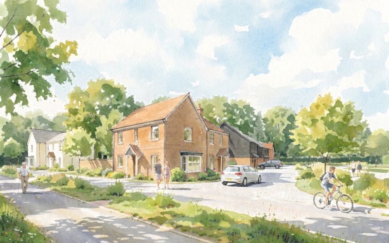 Illustration of proposed homes, green space and a road, with a car and cyclist nearby.
