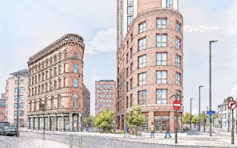 Architectural rendering of Glenbrook’s proposed 24-storey tower and curved lower building at Meadow Lane, Leeds