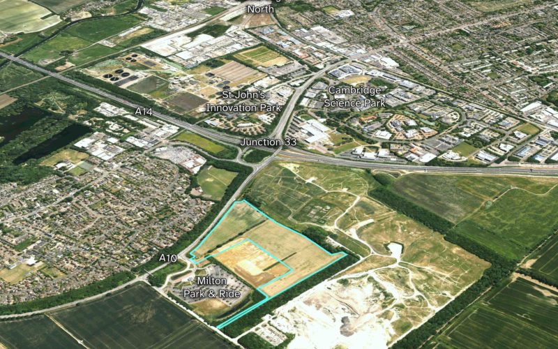 Aerial view of the proposed Milton Park employment site beside the Milton Park & Ride, north of Cambridge