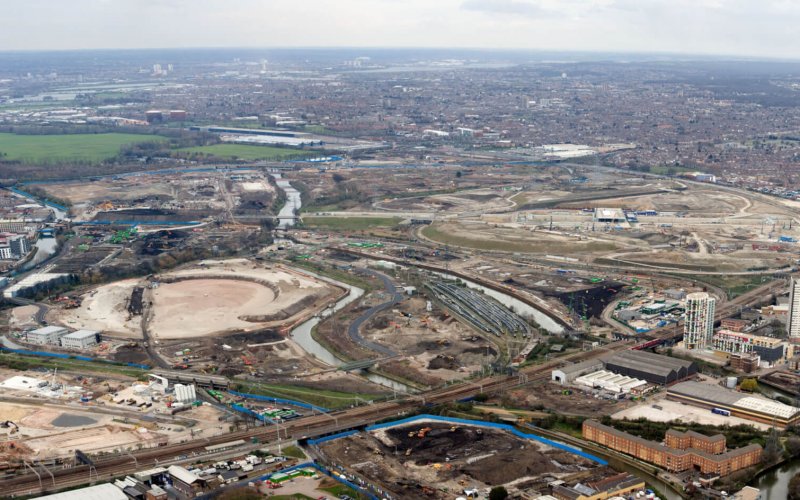 Olympic Park. Aerial panoramic view of Olympic Park with the Stadium bowl on the left and Aquatics centre image. Picture by Anthony Charlton.