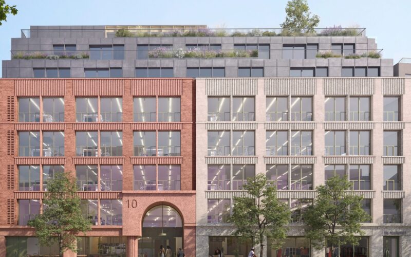 CGI of a multi-storey building in London's Soho. One half of the building is dark brick and the other half is made from lighter brick with a grey roof extension above