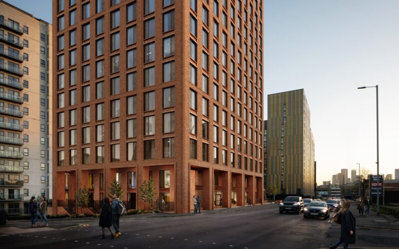 CGO of a street scene with a road in the foreground and a series of large buildings built using different materials in the background