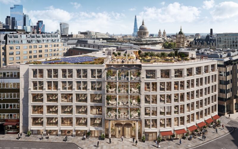 CGI of the exterior of an office building in the City of London with St Paul's Cathedral in the background