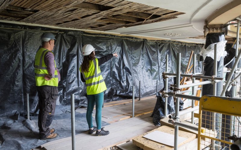 Conservation work underway on the east colonnade of the National Trust's Attingham Park in Shropshire.