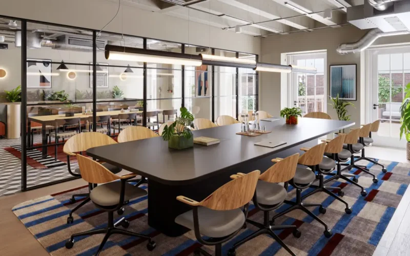 Interior of a modern office building with a large table in the middle of the room surrounded by lots of chairs