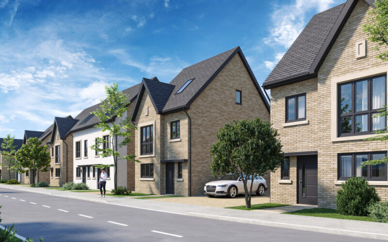 CGI of a row of modern houses with a road running in front