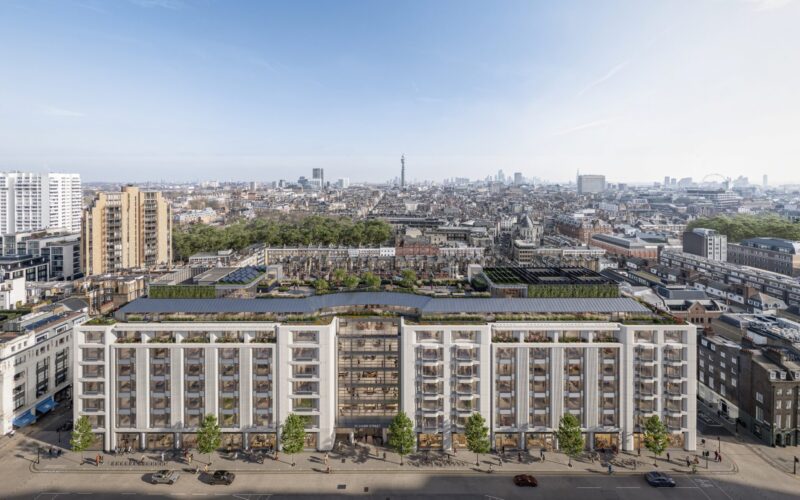 CGI of a modern office building with the London skyline behind