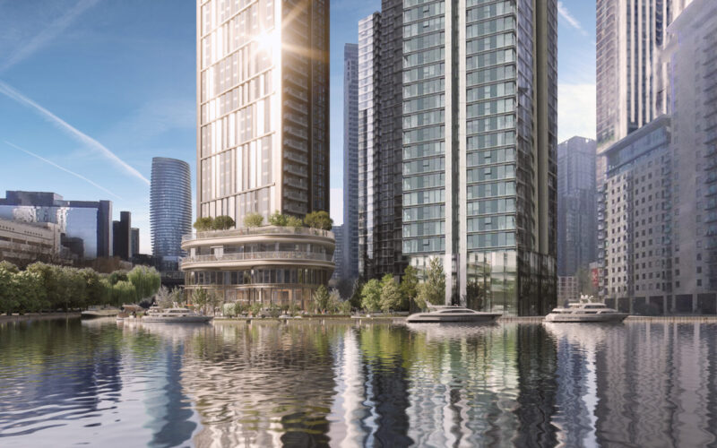 CGI image of modern high-rise buildings with a large pool of water in front