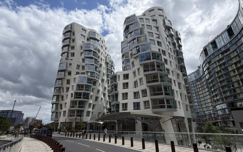A series of modern looking high rise residential buildings at Nine Elms in London