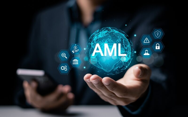 Aml,,Anti,Money,Laundering,Financial,Bank,Concept.,Businessman,Holding,Globe