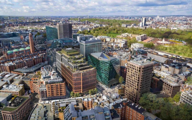 Aerial view of BGO's 105 Victoria Street office development in London surrounded by lots of other office buildings