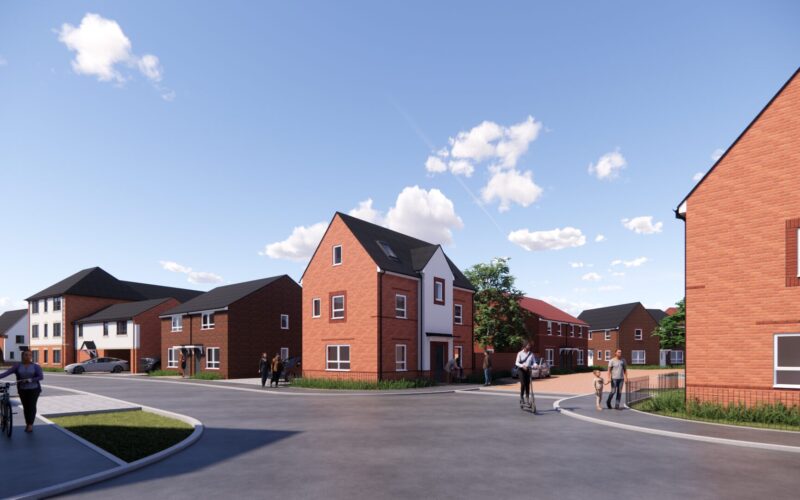 CGI of a series of brick built houses with a road in the foreground