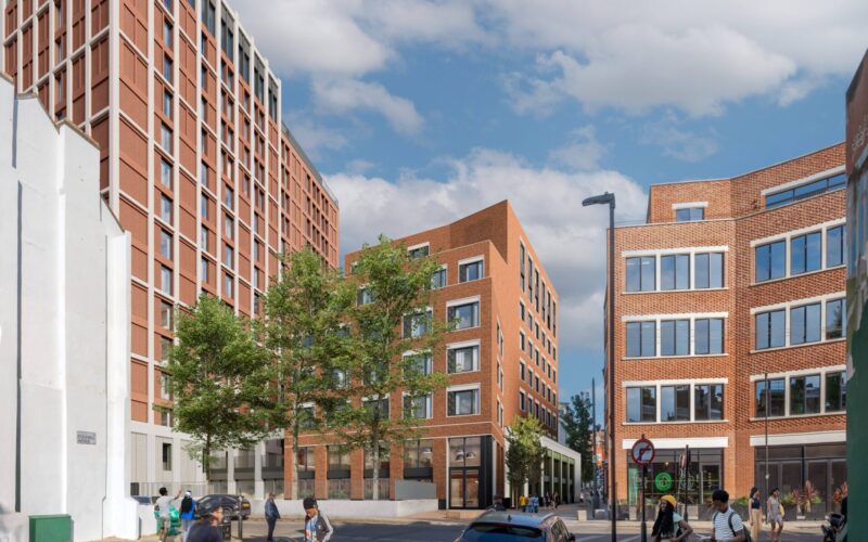 CGI image showing brick buildings of varying heights with a road in front