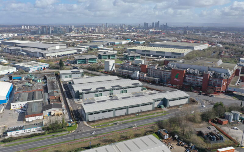 Aerial view of a series of industrial buildings at Trafford Park in Manchester