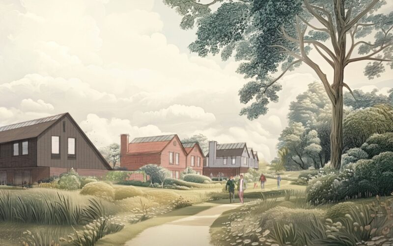 Artist's impression of a residential development with houses in the background and a treelined footpath in the foreground
