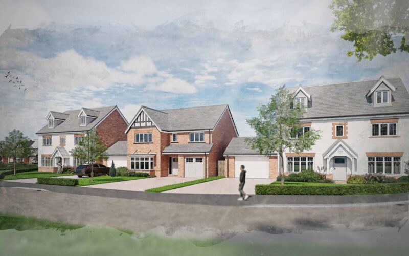CGi image of three new houses with front gardens and a road running in front